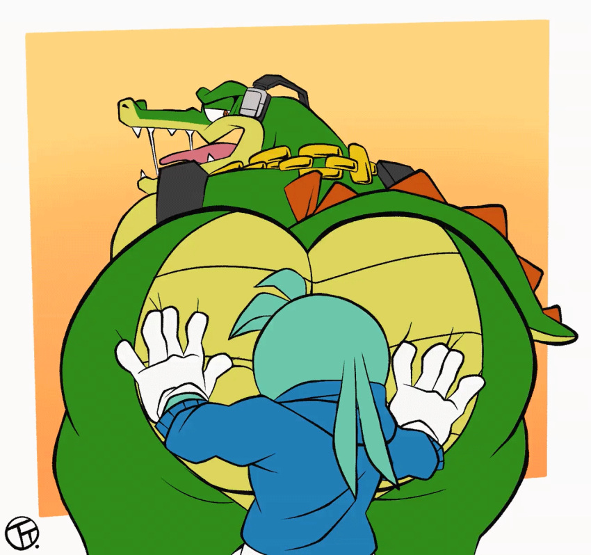 anal animated anthro avian bent_over big_butt bird bouncing_butt butt butt_jiggle chain crocodile crocodilian crocodylid duo emad gold_(metal) gold_chain green_body half-closed_eyes hand_on_butt headphones hi_res huge_butt jiggling looking_back looking_pleasured male male/male narrowed_eyes oral rear_view reptile rimming scalie sega sex size_difference small_dom_big_sub sonic_the_hedgehog_(series) trashtoonz vector_the_crocodile