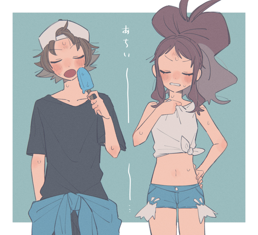 1boy 1girl :o bare_arms blush brown_hair clenched_teeth closed_eyes clothes_around_waist commentary_request food hand_on_own_hip hand_up hat high_ponytail highres hilbert_(pokemon) hilda_(pokemon) hime_(himetya105) holding hot jacket jacket_around_waist open_mouth pokemon pokemon_bw popsicle shirt short_hair short_shorts short_sleeves shorts sidelocks sleeveless sleeveless_shirt sweat t-shirt teeth tied_shirt white_headwear