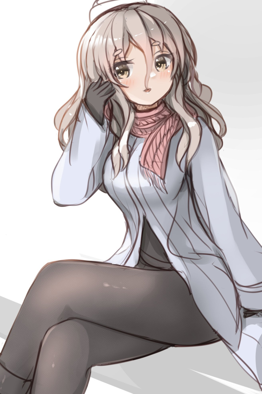 1girl black_pantyhose brown_eyes coat crossed_legs feet_out_of_frame grey_hair hair_between_eyes hat highres kantai_collection mini_hat official_alternate_costume pantyhose pola_(kancolle) redundant-cat sitting solo thick_eyebrows tilted_headwear wavy_hair white_coat