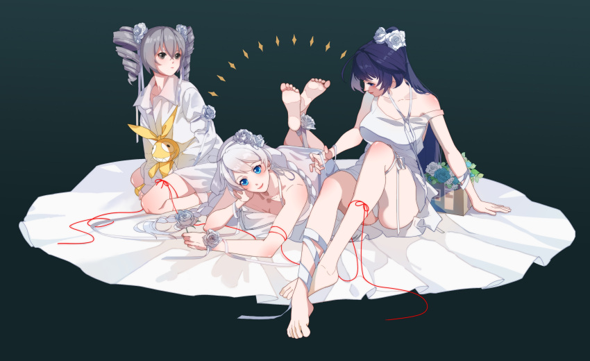3girls absurdres bare_shoulders barefoot bed_sheet blue_eyes box chinese_commentary commentary_request flower flower_on_head graveyard233 green_background highres honkai_(series) honkai_impact_3rd looking_at_viewer multiple_girls rose string string_of_fate twintails white_flower white_rose
