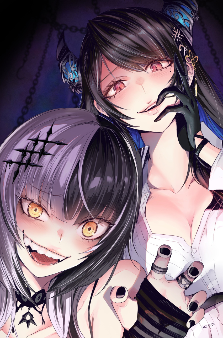 2girls absurdres asymmetrical_horns black_choker black_dress black_hair black_nails breasts choker cleavage crazy crazy_eyes crazy_smile crystal_horn dress gloves grey_hair hair_ornament hands_on_own_cheeks hands_on_own_face highres hololive hololive_english horns jewel_under_eye kivo lace lace-trimmed_choker lace_choker lace_trim large_breasts layered_dress long_hair looking_at_viewer multicolored_hair multiple_girls nerissa_ravencroft open_mouth rape_face shiori_novella short_dress smile split-color_hair striped striped_arm_warmers striped_gloves two-tone_hair uneven_horns virtual_youtuber yandere yandere_trance yellow_eyes