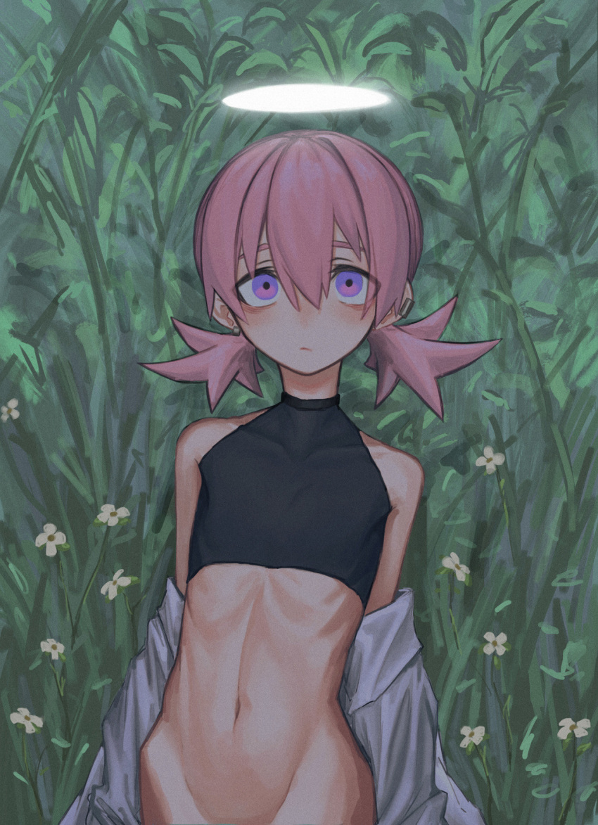 1girl blush bottomless closed_mouth ear_piercing flat_chest flower grass hair_between_eyes halo highres looking_at_viewer off_shoulder open_clothes open_shirt original out-of-frame_censoring piercing pink_hair purple_eyes ribs shirt short_twintails sleeveless solo toxic_ghost twintails white_flower white_shirt