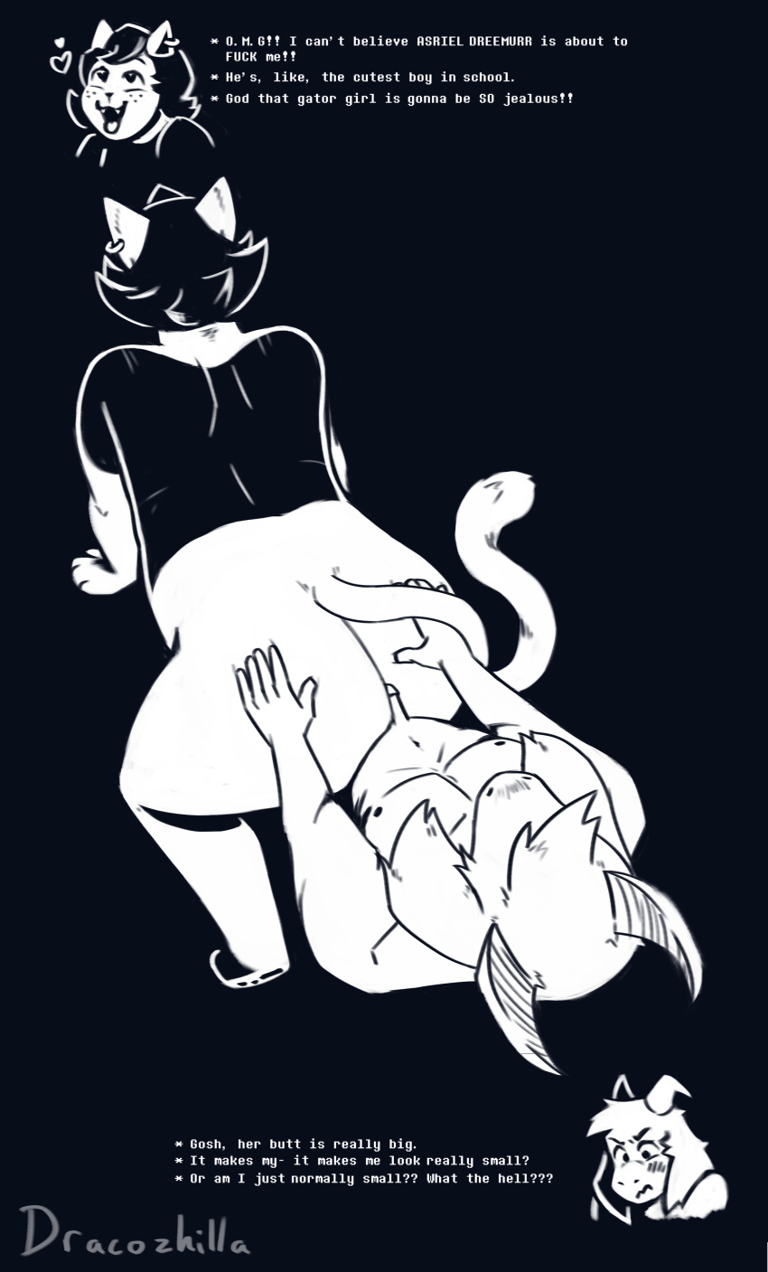 absurd_res all_fours anthro asriel_dreemurr asriel_dreemurr_(god_form) big_butt boss_monster bovid butt caprine catty_(undertale) chubby_female deltarune dracozhilla duo embarrassed excited felid feline female from_behind_position genitals goat hi_res humanoid humiliation male male/female mammal monochrome obscured_eyes penis penis_humiliation sex size_difference slightly_chubby small_penis small_penis_humiliation sph_(disambiguation) tail text undertale undertale_(series)