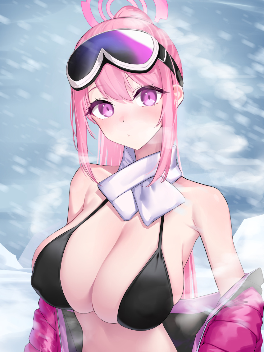 1girl absurdres aoi_riko bare_shoulders bikini black_bikini blue_archive breasts cleavage commentary_request eimi_(blue_archive) eimi_(swimsuit)_(blue_archive) goggles goggles_on_head halo high_ponytail highres jacket large_breasts long_hair off_shoulder official_alternate_costume open_clothes open_jacket padded_jacket pink_hair pink_halo pink_jacket scarf ski_goggles snow swimsuit upper_body white_scarf