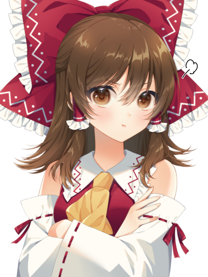 1girl :t ascot bare_shoulders bow brown_eyes brown_hair commentary_request crossed_arms detached_sleeves frilled_bow frilled_hair_tubes frills frown hair_tubes hakurei_reimu highres kirisita long_hair looking_at_viewer pout red_hair red_shirt ribbon-trimmed_sleeves ribbon_trim shirt solo touhou upper_body white_background yellow_ascot