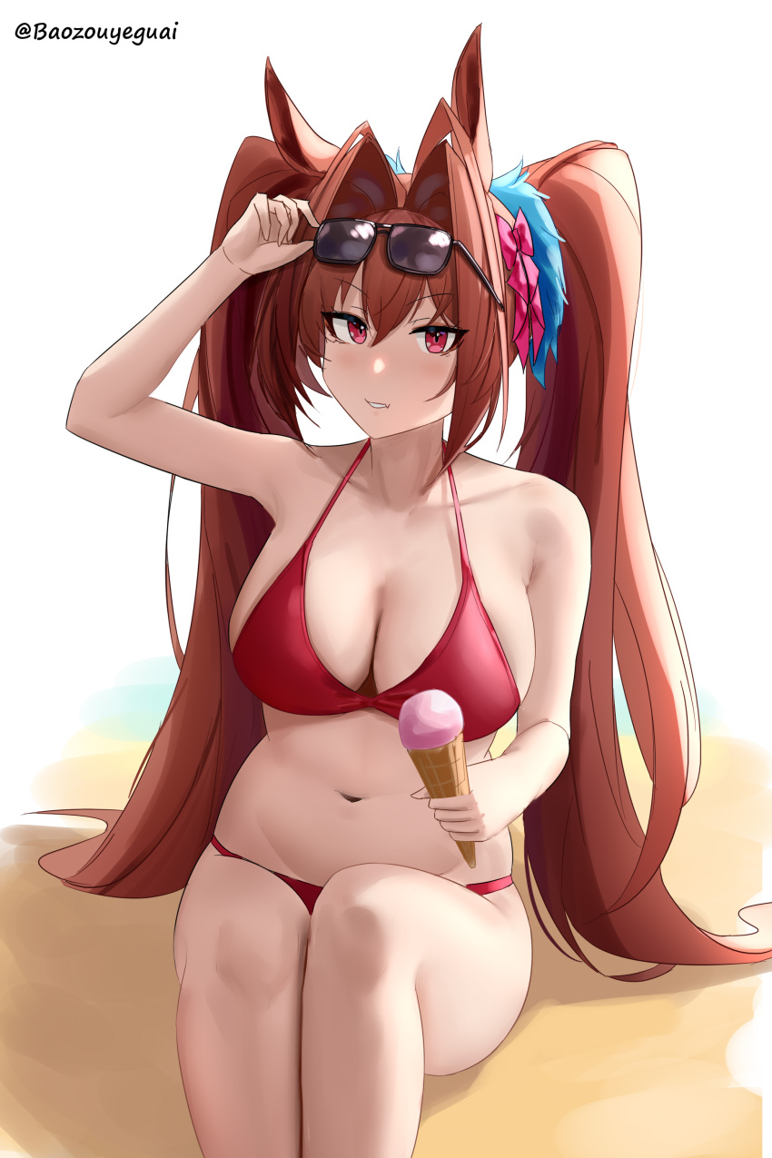 1girl absurdres animal_ears antenna_hair baozouyeguai beach bikini bow breasts cleavage commentary daiwa_scarlet_(umamusume) eyewear_on_head feet_out_of_frame food hair_intakes highres horse_ears horse_girl horse_tail ice_cream ice_cream_cone large_breasts looking_at_viewer navel outdoors parted_lips red_bikini red_bow red_eyes red_hair sand solo sunglasses swimsuit tail umamusume