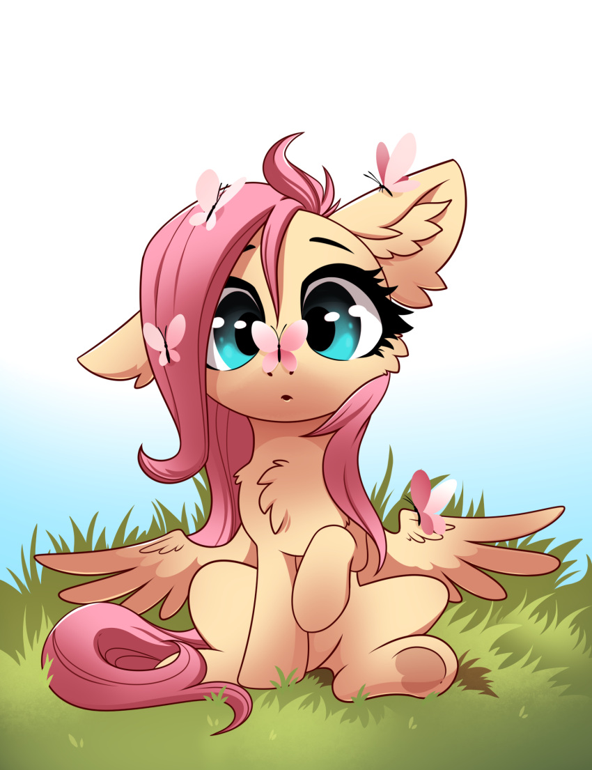 28gooddays arthropod blue_eyes butterfly butterfly_on_nose chest_tuft equid equine fluttershy_(mlp) friendship_is_magic fur grass hair hasbro hi_res insect lepidopteran mammal my_little_pony pegasus pink_hair pink_tail plant sitting solo tail tuft wings yellow_body yellow_fur