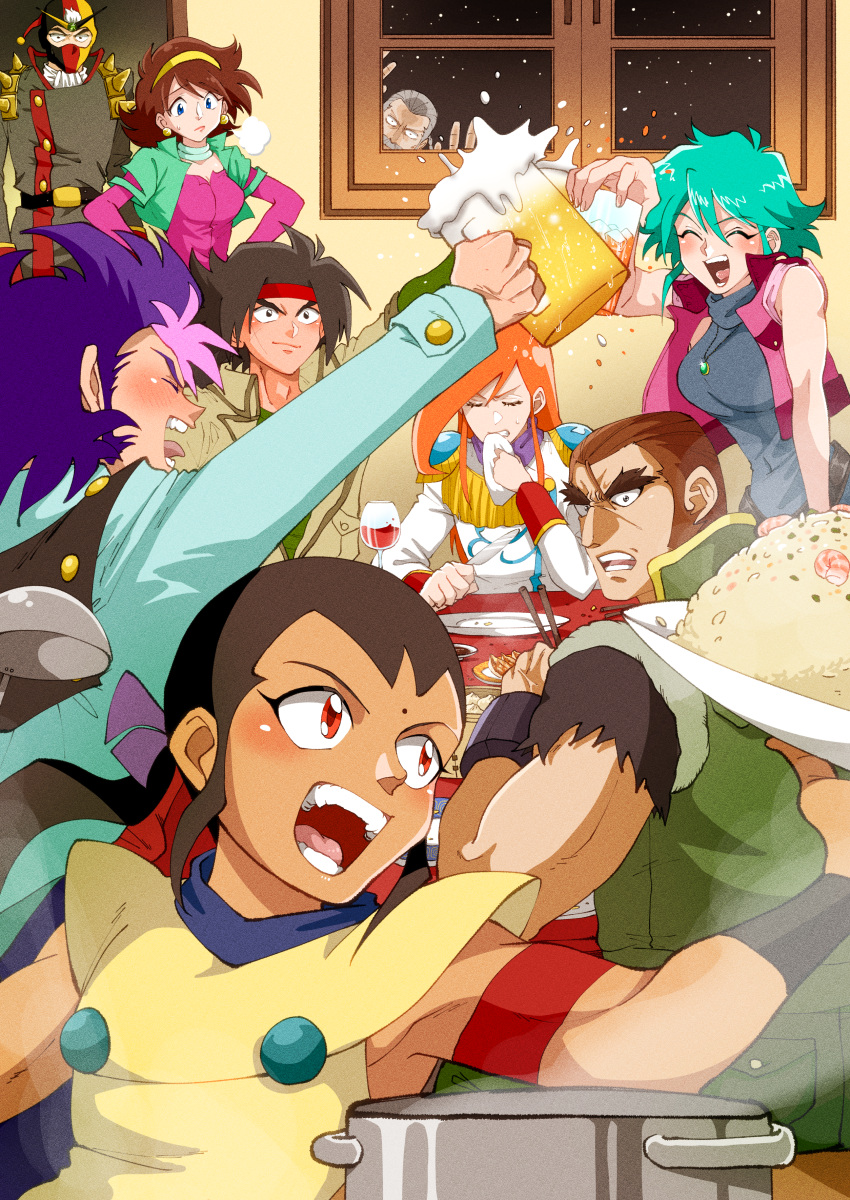 2girls 6+boys absurdres alcohol allenby_beardsley argo_gulskii bare_shoulders beer beer_mug black_hair blue_hair blue_shirt bodysuit brown_hair chibodee_crocket closed_eyes cup domon_kasshu drinking_glass earrings epaulettes facial_hair food g_gundam george_de_sand green_vest grey_hair gundam hairband headband highres jewelry looking_inside mask master_asia mug mugicha_(zoro1132) multiple_boys multiple_girls mustache orange_hair pink_shirt pink_vest plate purple_hair rain_mikamura red_eyes red_headband sai_saici schwarz_bruder shirt short_hair sleeveless sleeveless_bodysuit sleeveless_turtleneck_bodysuit turtleneck_bodysuit vest window wine_glass yellow_hairband yellow_shirt