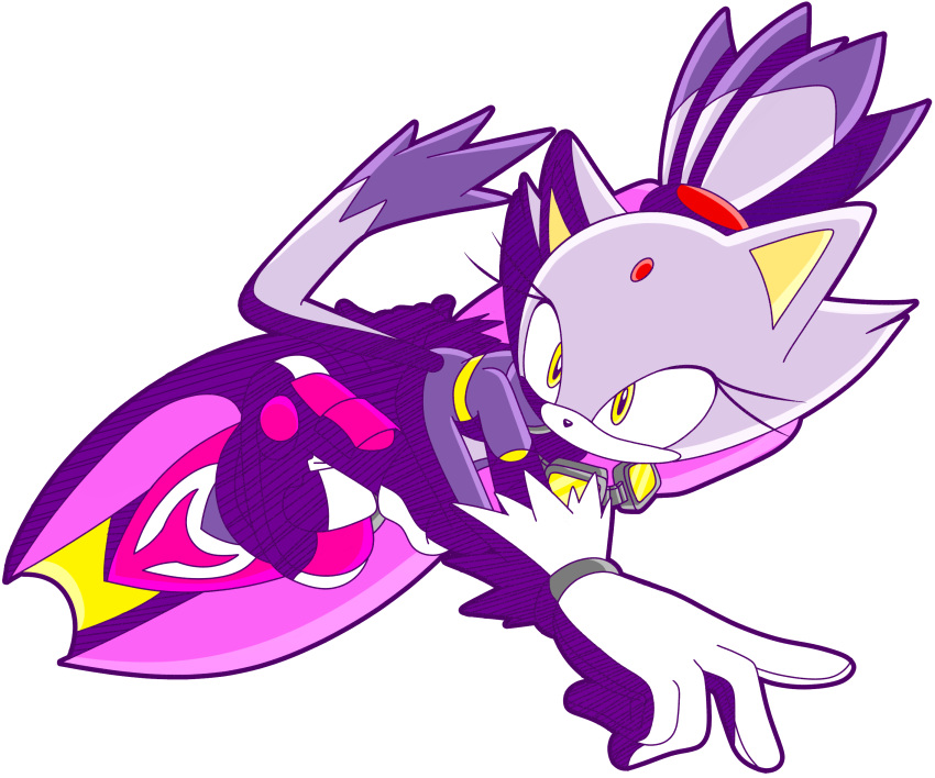 1girl animal_ears blaze_the_cat cat_ears cat_girl cat_tail eyelashes forehead_jewel fur-trimmed_gloves fur_trim furry furry_female gloves highres hover_board jumpsuit pink_footwear ponytail purple_fur simple_background sonic_(series) sonic_riders sonicguru tail white_background white_gloves yellow_eyes