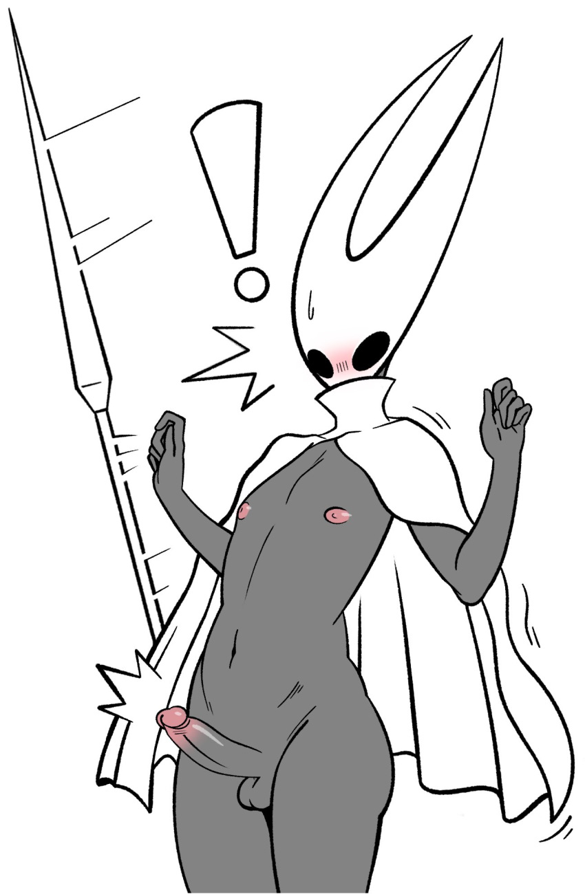 anthro arthropod balls blush bodily_fluids bro_aniki cloak cloak_only clothing crossgender erection exclamation_point ftm_crossgender genitals hi_res hollow_knight hornet_(hollow_knight) male mostly_nude nail_(weapon) navel nipples partially_colored penis simple_background solo solo_focus surprise sweat team_cherry white_background
