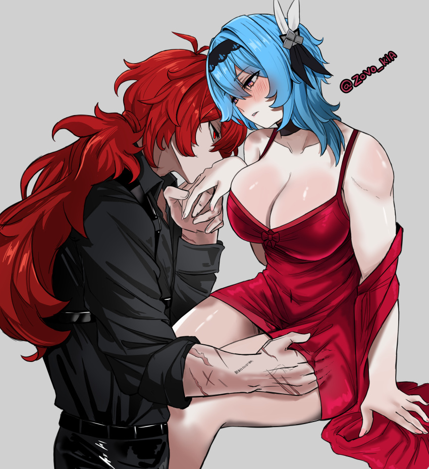 1boy 1girl absurdres alternate_costume blue_eyes blue_hair blush breasts commentary couple diluc_(genshin_impact) dress english_commentary eula_(genshin_impact) genshin_impact hand_on_another's_thigh hetero highres kiss kissing_hand large_breasts long_hair red_dress red_eyes red_hair scar scar_on_arm short_hair simple_background sitting twitter_username white_background zovokia