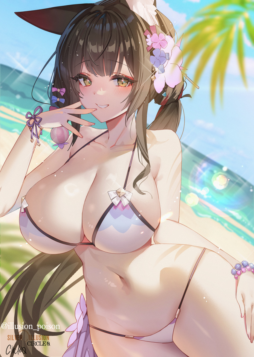 1girl animal_ear_fluff animal_ears bikini blue_archive blush bracelet breasts brown_hair cleavage collarbone eyeshadow flower fox_ears hair_flower hair_ornament highres huge_breasts hwansang_jungdog jewelry long_hair looking_at_viewer makeup navel no_halo official_alternate_costume ponytail purple_bikini red_eyeshadow smile solo stomach swimsuit very_long_hair wakamo_(blue_archive) wakamo_(swimsuit)_(blue_archive)