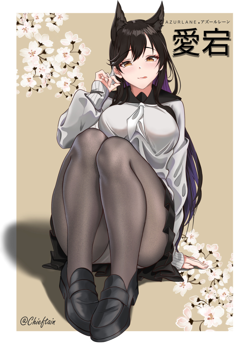 1girl absurdres animal_ear_fluff animal_ears arm_support atago_(azur_lane) atago_(school_traumerei)_(azur_lane) azur_lane black_footwear black_sailor_collar black_skirt blush breasts brown_background brown_eyes brown_pantyhose cherry_blossoms chieftain_art13 colored_inner_hair convenient_leg eyelashes flower full_body hand_up highres knees_up large_breasts leaning_back legs legs_together licking_lips loafers long_hair looking_at_viewer miniskirt multicolored_hair neckerchief panties panties_under_pantyhose pantyhose pink_flower pleated_skirt purple_hair sailor_collar school_uniform see-through see-through_legwear shadow shoes skirt sleeves_past_wrists solo thighs tongue tongue_out twitter_username underwear white_flower white_neckerchief white_panties