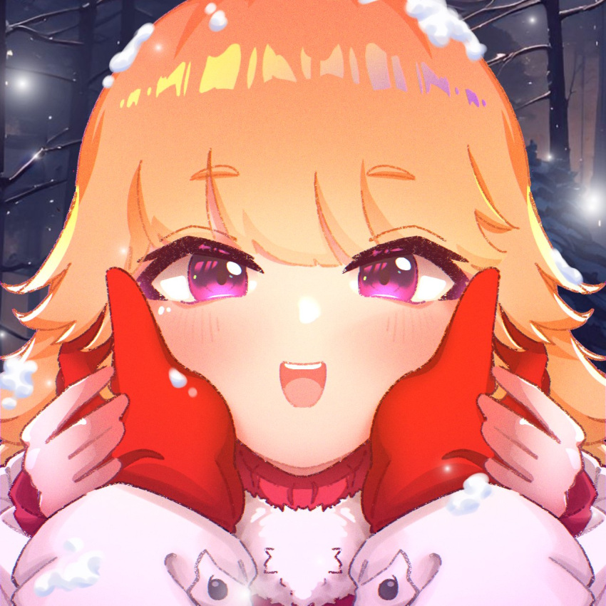 2girls blush coat couple female_pov fur_trim gloves grabbing hands_on_another's_cheeks hands_on_another's_face highres holding_another's_wrist holding_hands hololive hololive_english hyurisaki long_hair looking_at_viewer mori_calliope multiple_girls open_mouth orange_hair out_of_frame pov pov_hands purple_eyes smile takanashi_kiara virtual_youtuber winter_clothes winter_coat yuri