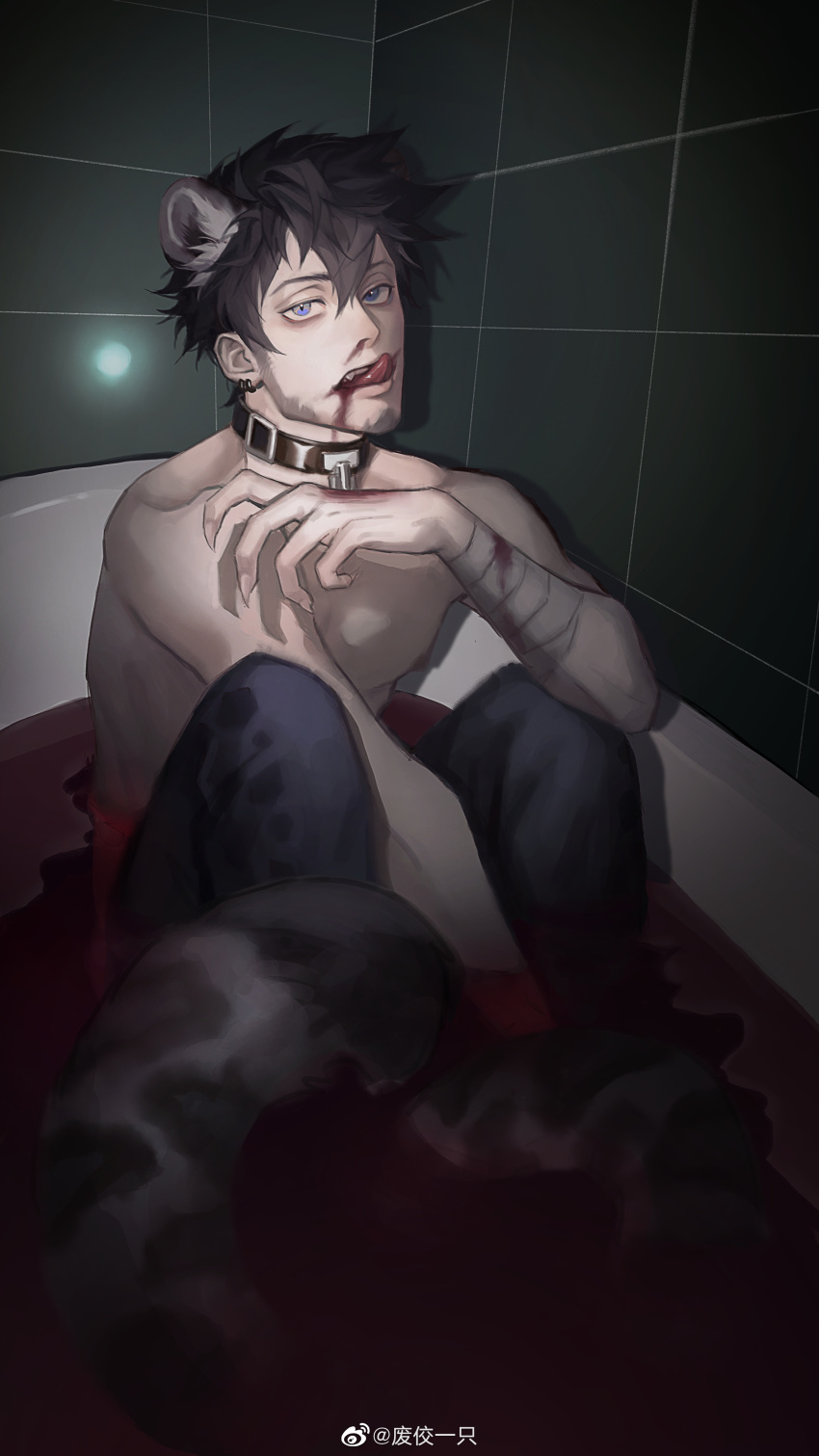 1boy absurdres animal_collar animal_ears bandaged_arm bandages bathtub black_hair black_pants blood blood_on_face blood_on_hands blue_eyes collar earrings facial_hair feijio_yizhi fingernails goatee highres jewelry kemonomimi_mode leopard_boy leopard_ears leopard_tail licking_lips long_sideburns looking_at_viewer male_focus one_piece pants sharp_fingernails sideburns slit_pupils solo tail tongue tongue_out topless_male trafalgar_law weibo_logo