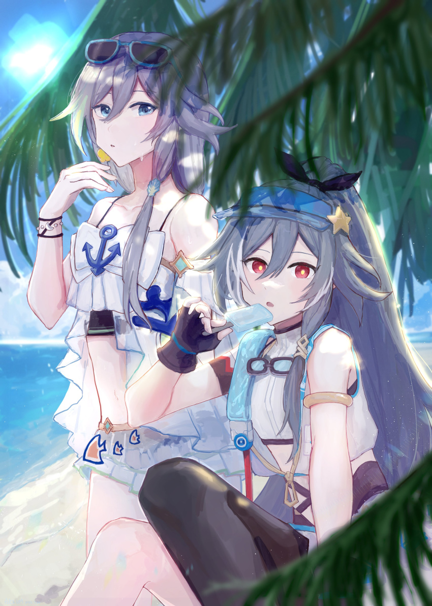 2girls absurdres alternate_costume arsum0731 bare_shoulders beach belly blue_eyes blue_hair fu_hua fu_hua_(herrscher_of_sentience) fu_hua_(ooh!_summer!)_(herrscher_of_sentience) fu_hua_(seagull's_soar) fu_hua_(shadow_knight) grey_hair hair_between_eyes high_ponytail highres low_ponytail multicolored_hair multiple_girls ocean official_alternate_costume ponytail red_eyes sunglasses swimsuit white_hair yellow_pupils