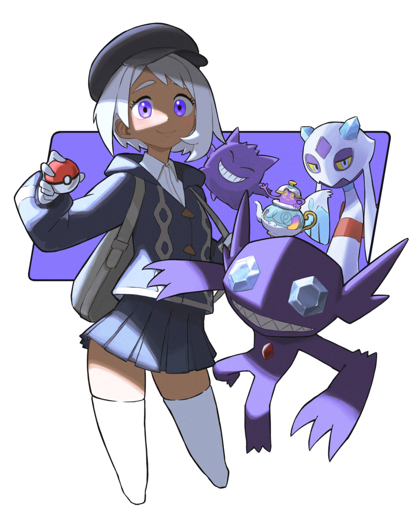 1girl bag black_headwear cropped_legs froslass gengar gloria_(pokemon) gloves hat highres holding holding_poke_ball long_sleeves looking_at_viewer pleated_skirt poke_ball poke_ball_(basic) pokemon pokemon_(creature) pokemon_swsh polteageist purple_eyes sableye shirt short_hair simple_background skirt smile thighhighs toxic_ghost white_gloves white_hair white_shirt white_thighhighs