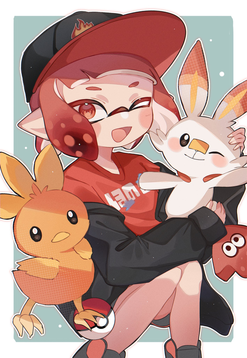 1girl :d baseball_cap bird black_eyes black_headwear border commentary_request flame_print grey_background hat highres inkling inkling_girl one_eye_closed orange_fur pokemon pokemon_(creature) print_headwear print_shirt rabbit red_eyes red_hair red_headwear red_shirt scorbunny shirt short_hair smile splatoon_(series) splatoon_3 squid torchic white_border white_fur yn_uo0