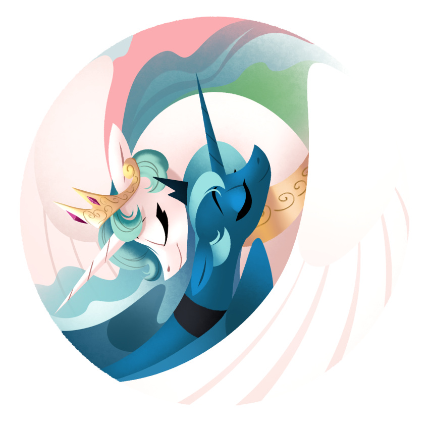 28gooddays blue_body blue_fur blue_hair crown duo embrace equid equine eyes_closed feathered_wings feathers friendship_is_magic fur hair hasbro headgear hi_res horn hug jewelry mammal multicolored_hair my_little_pony necklace princess_celestia_(mlp) princess_luna_(mlp) sibling_(lore) sister_(lore) tiara white_body white_fur winged_unicorn wings