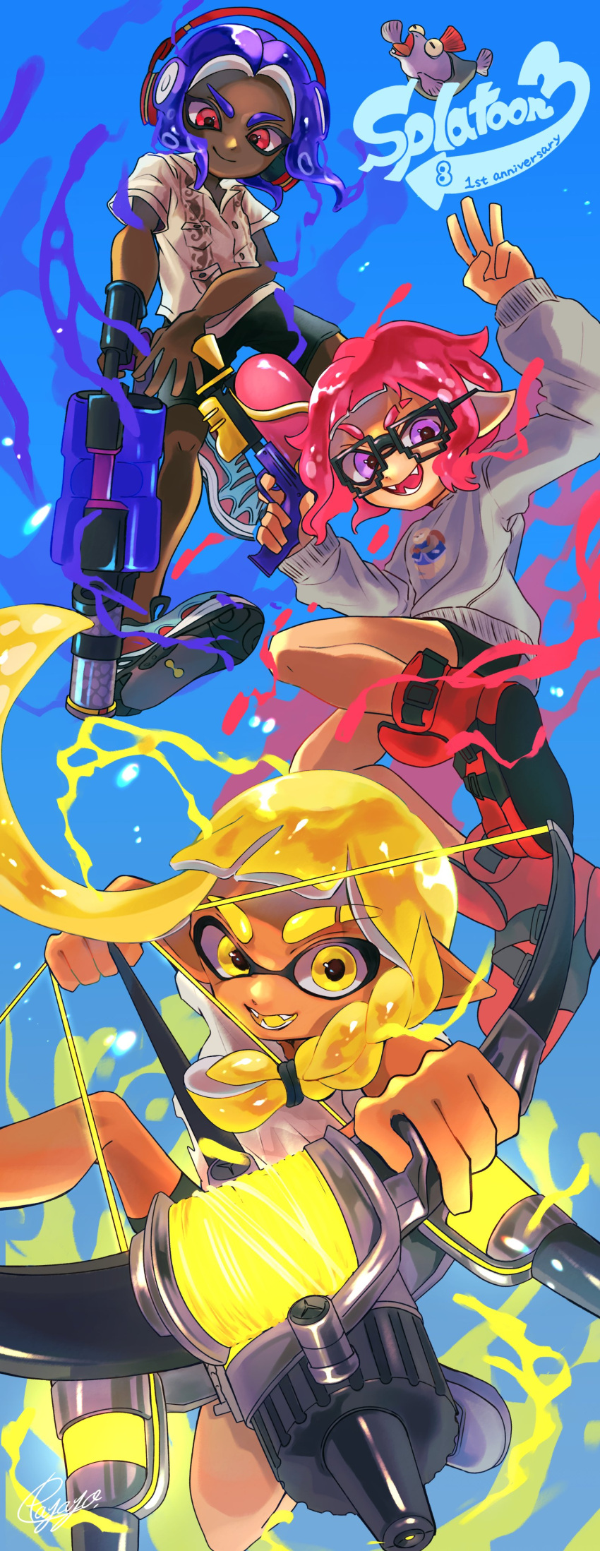 .96_gal_(splatoon) 1boy 2girls absurdres anniversary aura bike_shorts black_footwear blonde_hair blue_background blue_hair bow_(weapon) braid commentary_request copyright_name dark-skinned_male dark_skin fangs full_body glasses grey_sweater gun headphones highres holding holding_bow_(weapon) holding_gun holding_weapon inkling inkling_girl long_hair multiple_girls octoling octoling_boy open_mouth paint payayo884 print_sweater purple_eyes red_eyes shirt short_hair smallfry_(splatoon) smile splatoon_(series) splatoon_3 splattershot_(splatoon) sweater thick_eyebrows tri-stringer_(splatoon) v-shaped_eyebrows w weapon white_shirt