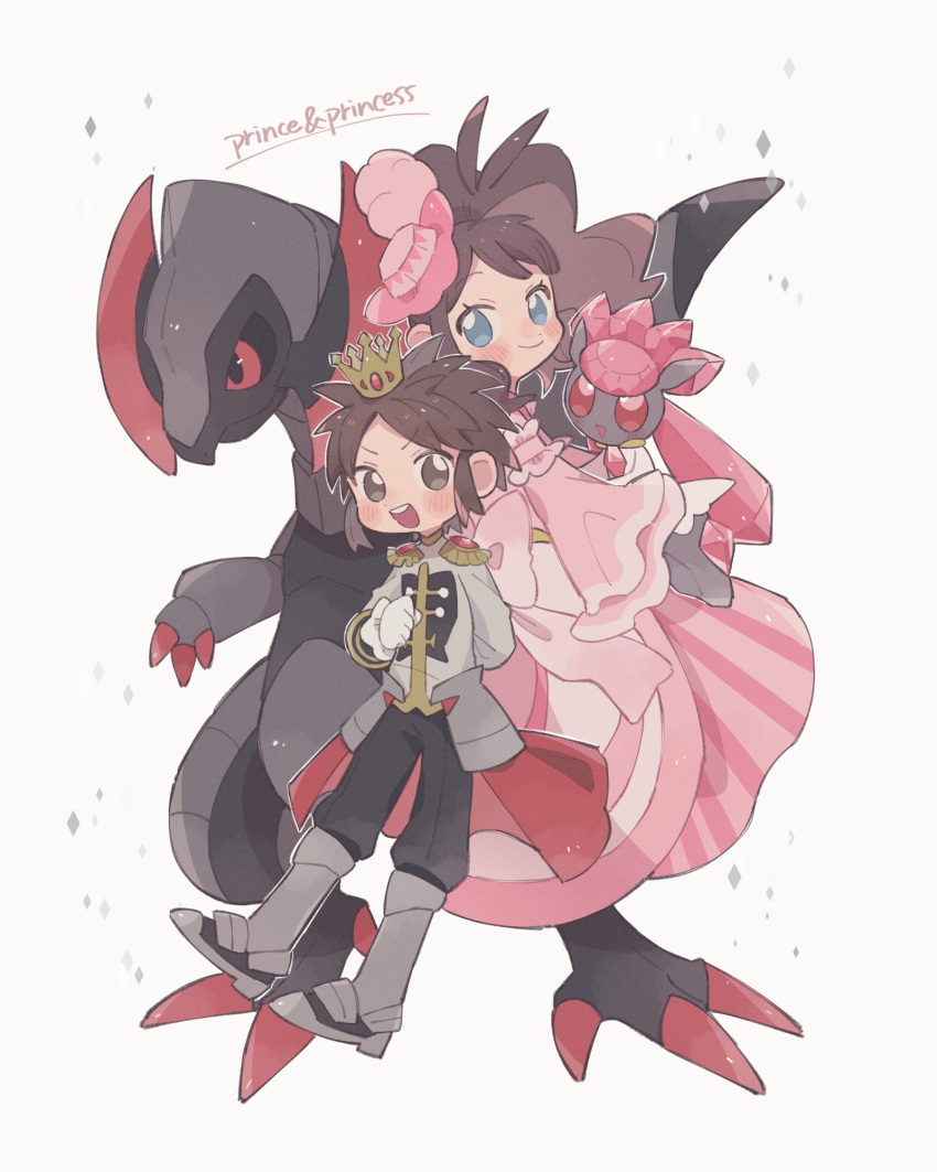 1boy 1girl :d alternate_color blush boots brown_eyes brown_hair chibi closed_mouth commentary_request crown diamond_(shape) diancie dress epaulettes eyelashes green_eyes grey_footwear haxorus highres hilda_(pokemon) hilda_(special_costume)_(pokemon) hime_(himetya105) jacket mini_crown nate_(pokemon) official_alternate_costume open_mouth pants parted_bangs pink_dress pokemon pokemon_(creature) pokemon_masters_ex shiny_pokemon short_hair smile teeth upper_teeth_only white_background