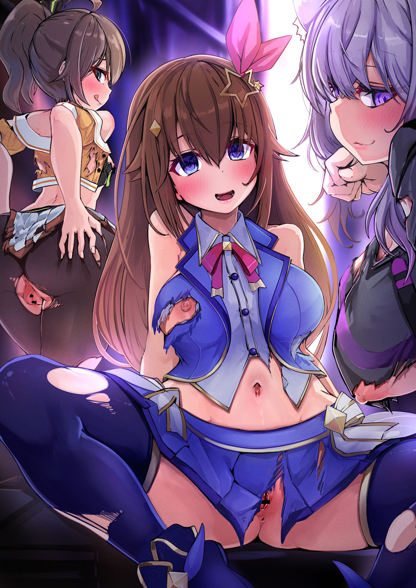 3girls :q animal_ears backstage bar_censor black_hoodie black_pantyhose blue_skirt blue_thighhighs blue_vest blush breasts brown_hair cat_ears censored commentary_request covered_navel empty_eyes hair_flaps hair_ornament hair_ribbon hairclip highres hololive hood hoodie kajimakoto large_breasts licking_lips looking_at_viewer medium_breasts medium_hair miniskirt multiple_girls natsuiro_matsuri natsuiro_matsuri_(1st_costume) nekomata_okayu nekomata_okayu_(1st_costume) open_mouth paid_reward_available pantyhose pink_ribbon pleated_skirt purple_hair pussy ribbon ringed_eyes shirt side_ponytail skirt sleeveless sleeveless_shirt spread_legs squatting thighhighs tokino_sora tokino_sora_(1st_costume) tongue tongue_out torn_clothes torn_hoodie torn_pantyhose torn_shirt torn_skirt torn_vest vest virtual_youtuber white_shirt white_skirt