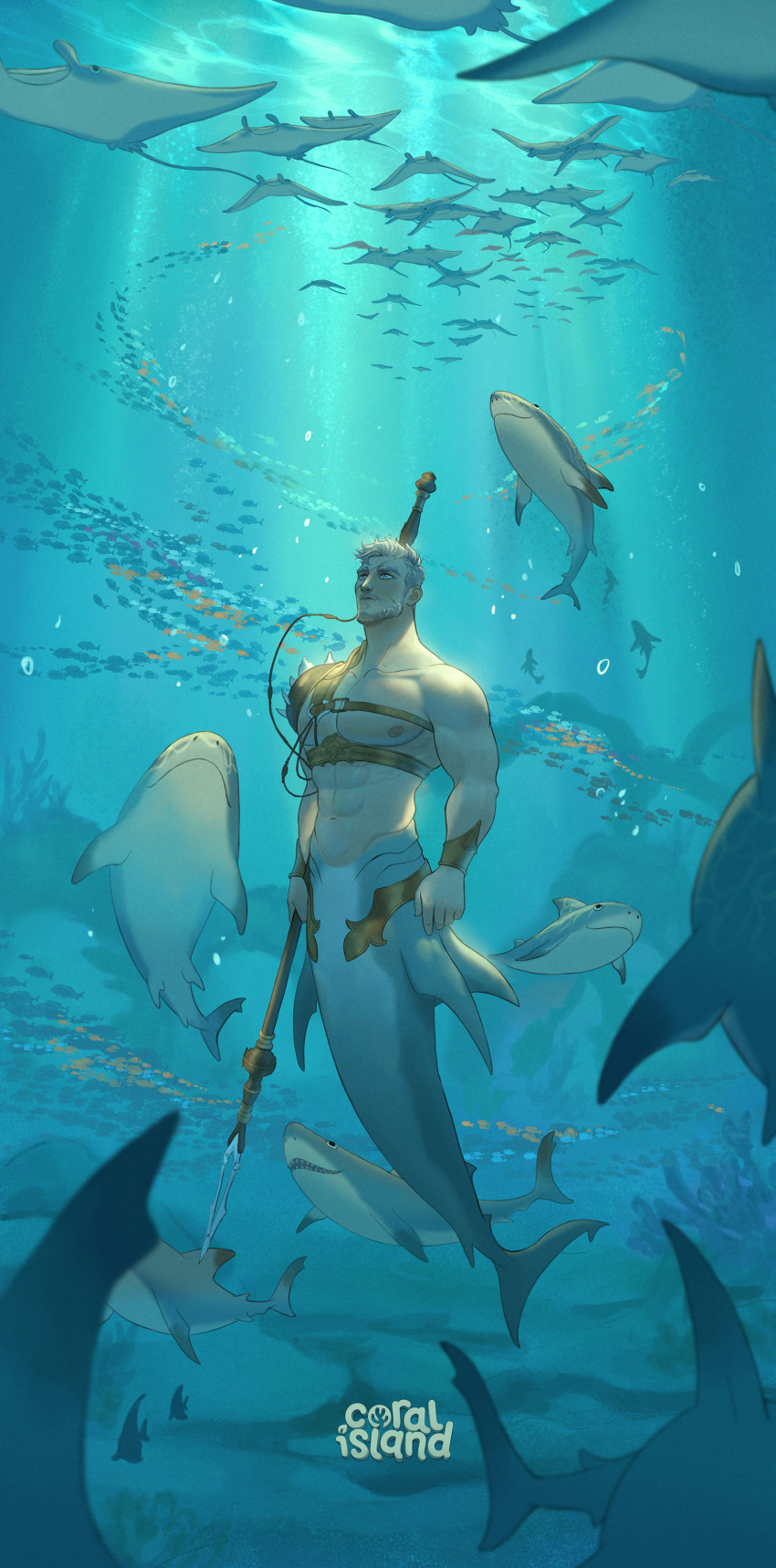 1boy abs absurdres armor bara closed_mouth copyright_name coral_island david_ardinaryas facial_hair fish grey_hair highres holding holding_weapon large_pectorals male_focus merman monster_boy muscular muscular_male navel nipples ocean official_art official_wallpaper pauldrons pectorals scar scar_on_face semeru_(coral_island) shark short_hair shoulder_armor single_pauldron submerged water weapon