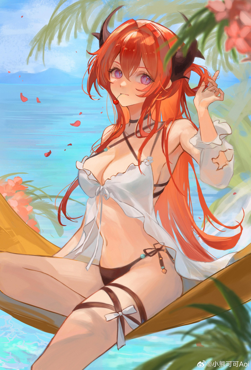 1girl absurdres arknights armpits bare_shoulders bikini black_bikini black_horns blue_sky blurry blurry_foreground breasts cherry closed_mouth cloud coconut_tree detached_sleeves falling_petals flower food food_in_mouth fruit halterneck hammock hand_up highres horns long_hair long_sleeves looking_at_viewer looking_to_the_side medium_breasts mountainous_horizon mouth_hold ocean outdoors palm_tree petals puffy_long_sleeves puffy_sleeves purple_eyes red_flower red_hair sideboob single_detached_sleeve single_hair_ring sitting sky slit_pupils solo surtr_(arknights) surtr_(colorful_wonderland)_(arknights) swimsuit swimsuit_cover-up thigh_strap tree upper_body very_long_hair weibo_logo weibo_username xiao_xiong_keke_aoi
