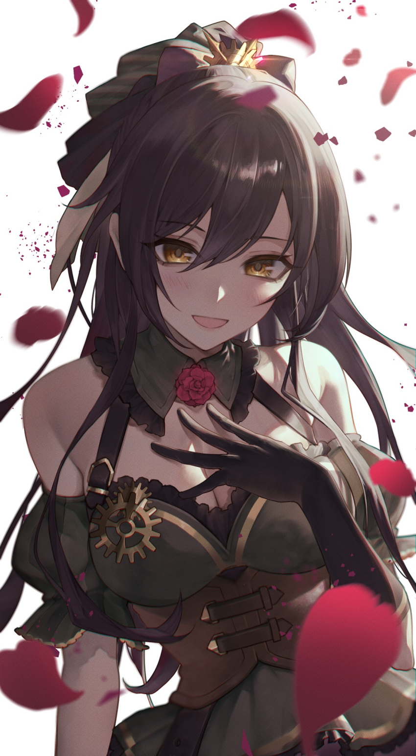 1girl bare_shoulders black_dress black_gloves black_hair bow breasts brown_corset bustier cleavage commentary_request corset detached_collar dress flower gears gloves hair_between_eyes hair_bow hand_on_own_chest highres idol idolmaster idolmaster_shiny_colors kokollet large_breasts light_blush looking_at_viewer open_mouth petals red_flower red_rose rose shirase_sakuya sidelocks simple_background smile solo white_background yellow_eyes