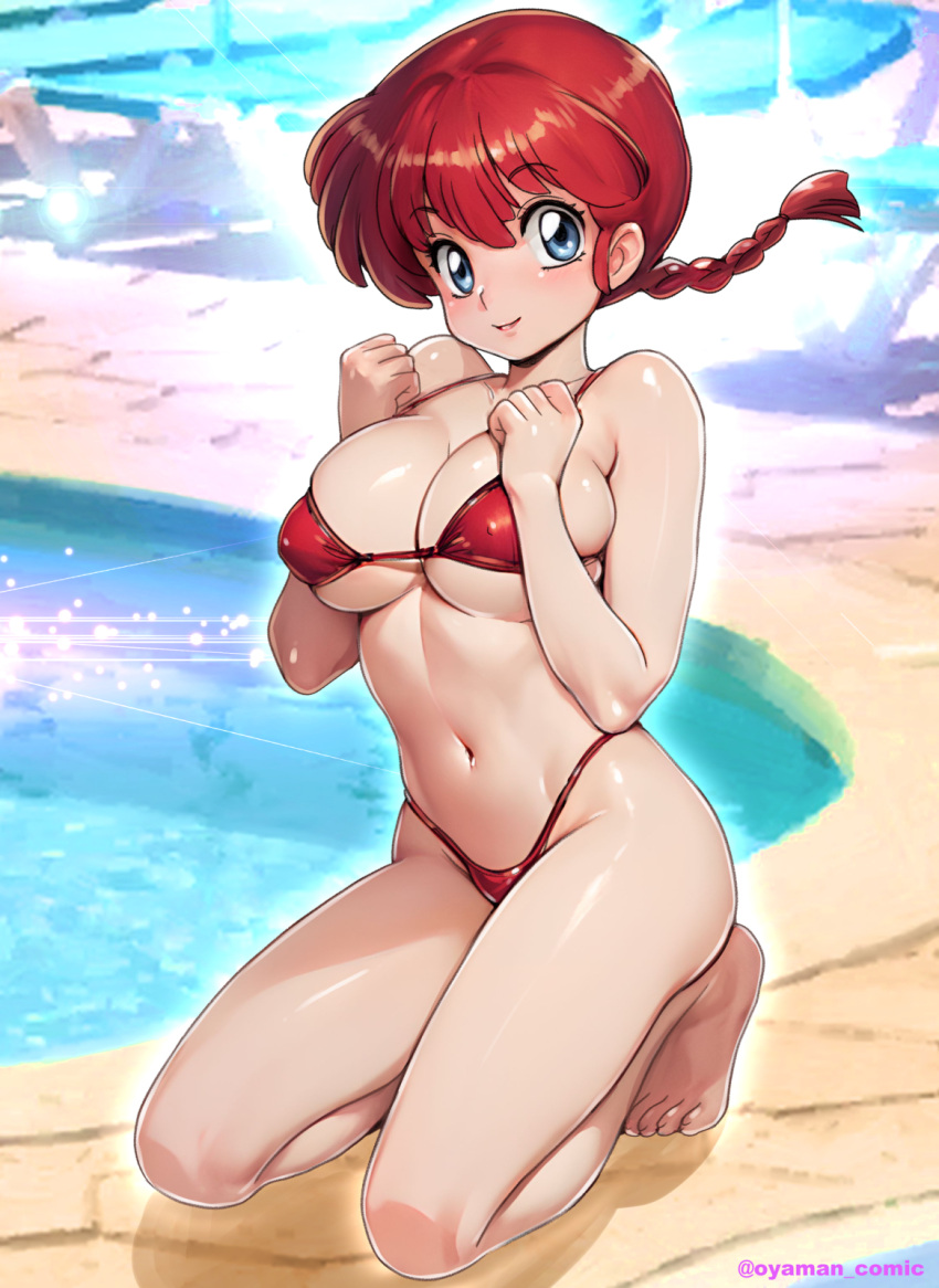 1girl bare_arms bare_legs bare_shoulders barefoot bikini blue_eyes blurry blurry_background braid braided_ponytail breasts breasts_squeezed_together closed_mouth commentary_request covered_nipples feet hands_up highleg highleg_bikini highres kneeling large_breasts light_blush looking_at_viewer low_ponytail navel oyaman pool poolside ranma-chan ranma_1/2 red_bikini red_hair skindentation smile solo stomach string_bikini swimsuit toes twitter_username water