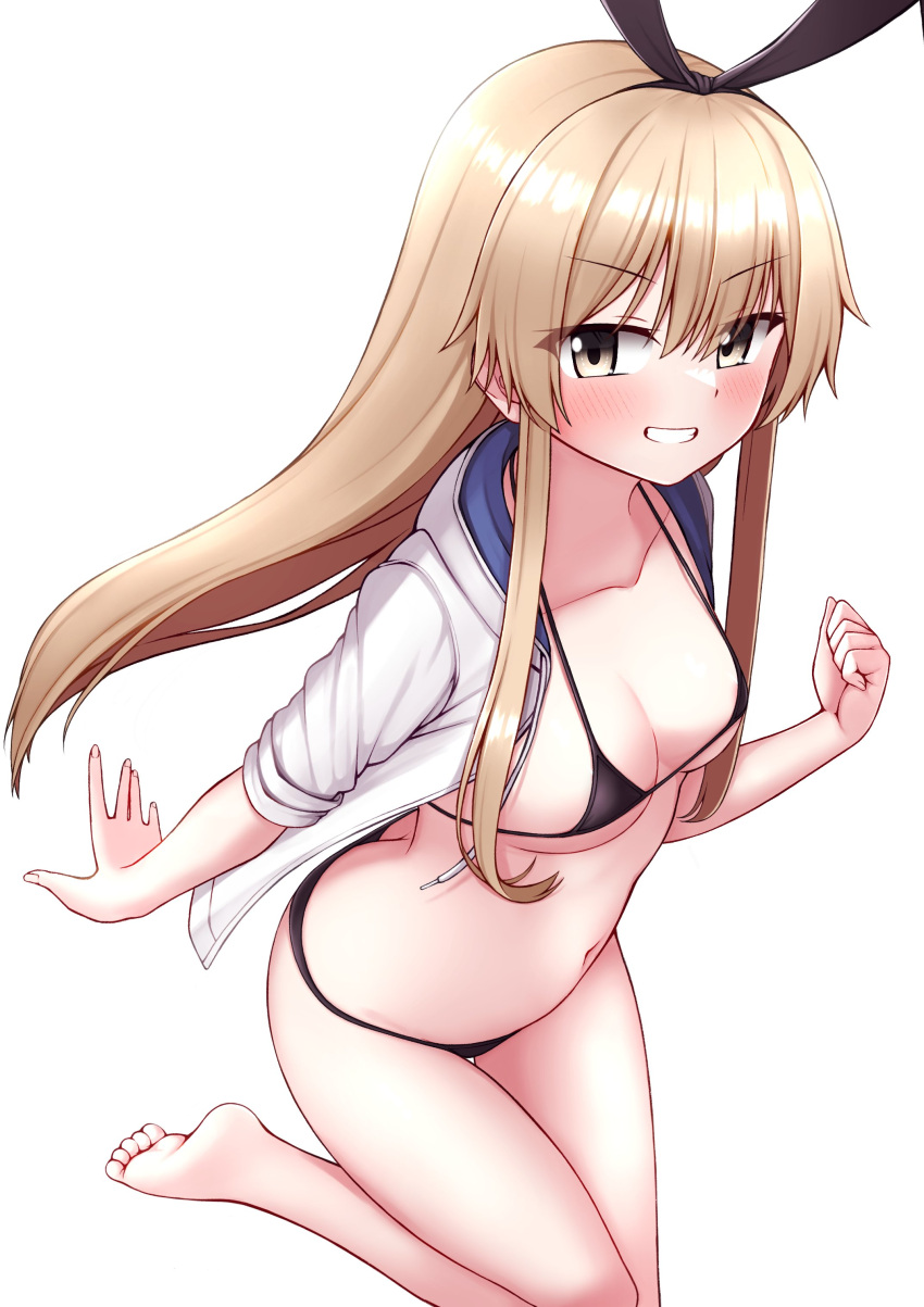 1girl absurdres alternate_costume bikini black_bikini black_hairband blonde_hair breasts brown_eyes cleavage commentary_request grin hairband highres jacket kantai_collection long_hair looking_at_viewer micro_bikini shimakaze_(kancolle) simple_background small_breasts smile solo standing standing_on_one_leg swimsuit tiemu_(man190) white_background white_jacket