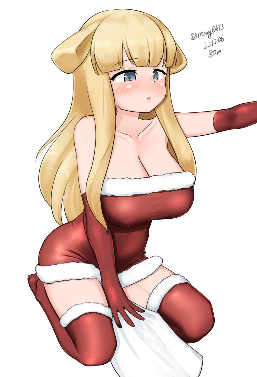 1girl absurdres blonde_hair blue_eyes blush breasts cleavage commentary_request dated dress fletcher_(kancolle) fur-trimmed_dress fur-trimmed_gloves fur-trimmed_legwear fur_trim gloves highres kantai_collection large_breasts long_hair maru_(marg0613) one-hour_drawing_challenge parted_lips red_dress red_gloves red_thighhighs simple_background sitting solo thighhighs twitter_username wariza white_background