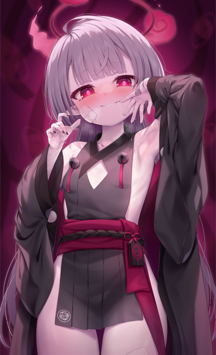 1girl arata_(xin) armpits bandaged_arm bandages bare_shoulders blue_archive breasts dress eyeliner gauze_on_cheek grey_dress grey_hair grey_kimono grin halo highres japanese_clothes kimono long_hair long_sleeves looking_at_viewer makeup obi pleated_skirt pointy_ears purple_eyes sash shuro_(blue_archive) sideless_outfit skirt small_breasts smile solo sweat thighs wide_sleeves