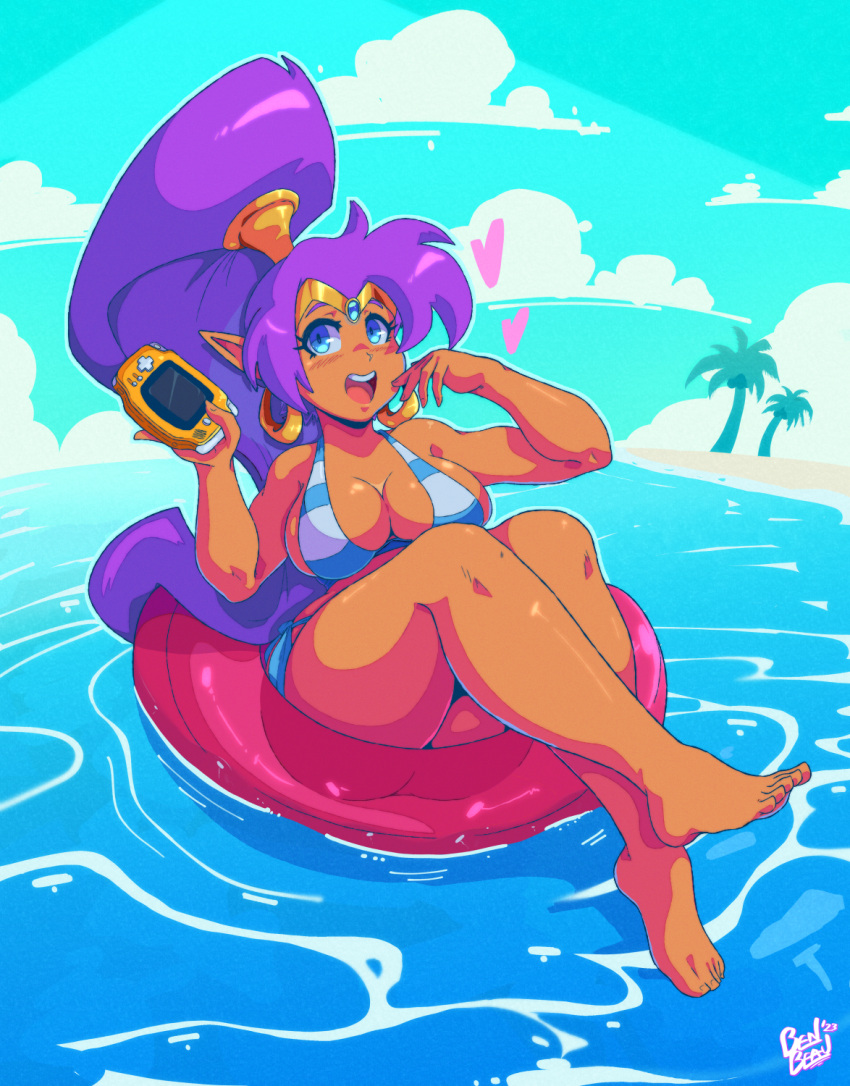 &lt;3 2023 benbeau bikini blue_eyes breasts brown_body brown_skin butt cleavage clothed clothing cloud day ear_piercing ear_ring feet female fingers gameboy_advance genie hair hi_res humanoid humanoid_feet humanoid_hands humanoid_pointy_ears long_hair looking_at_viewer nintendo not_furry open_mouth open_smile palm_tree piercing plant plantigrade ponytail purple_hair ring_piercing shantae shantae_(series) signature smile solo swim_ring swimwear toes tree water wayforward