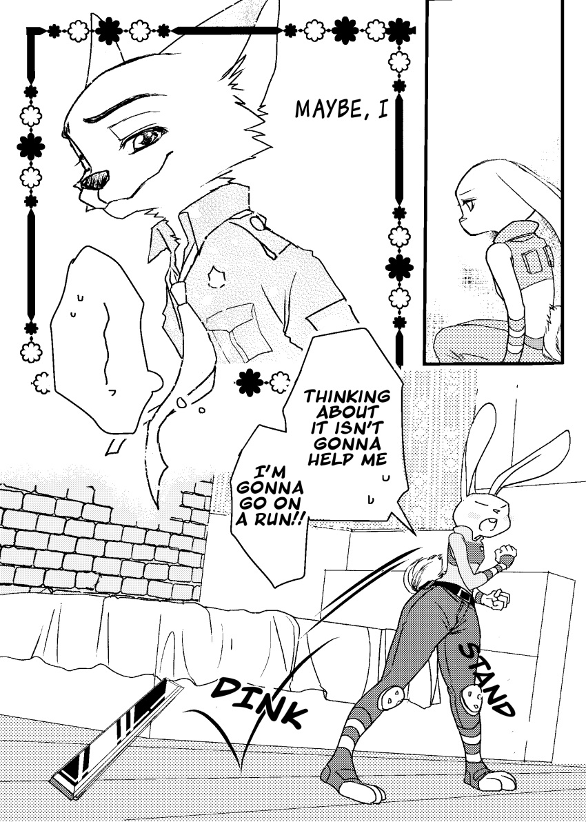 absurd_res anthro atlantica0208 bed bedroom black_and_white blush canid canine clothing comic daydream disney duo ears_down female fox furniture hard_translated hi_res judy_hopps lagomorph leporid male mammal monochrome necktie nick_wilde pivoted_ears police_uniform rabbit text throwing_object translated uniform zootopia