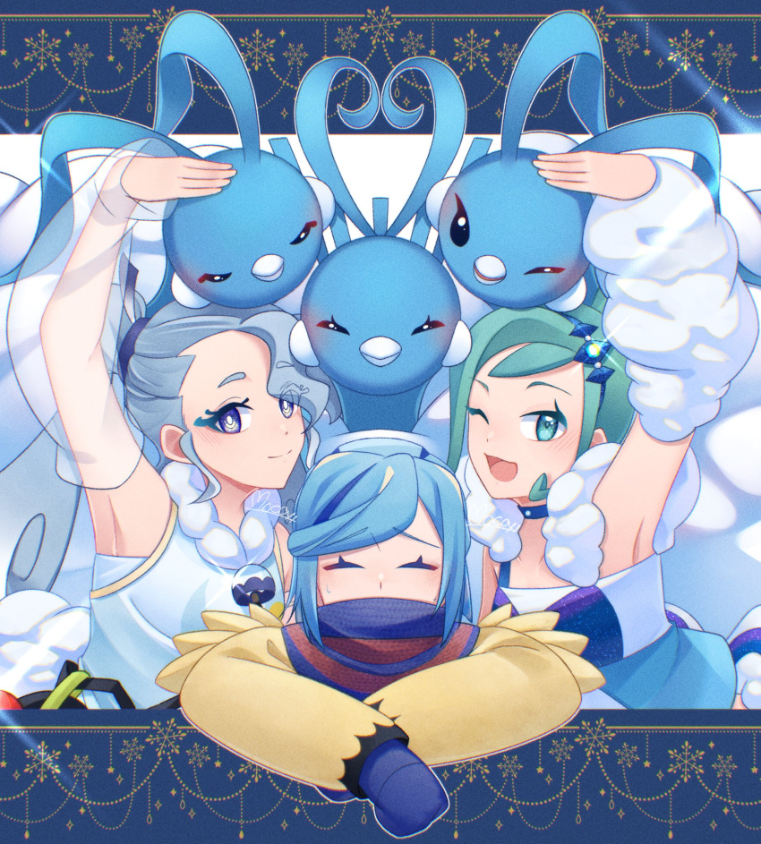 1boy 2girls ;d altaria arm_up arm_warmers armpits blue_hair blue_mittens blue_scarf closed_eyes closed_mouth commentary_request detached_sleeves eyelashes flying_miku_(project_voltage) green_eyes green_hair grusha_(pokemon) hatsune_miku highres jacket lisia_(pokemon) mittens mocacoffee_1001 multiple_girls one_eye_closed open_mouth pokemon pokemon_(creature) pokemon_oras pokemon_sv project_voltage scarf see-through see-through_sleeves smile striped striped_scarf tongue vocaloid yellow_jacket