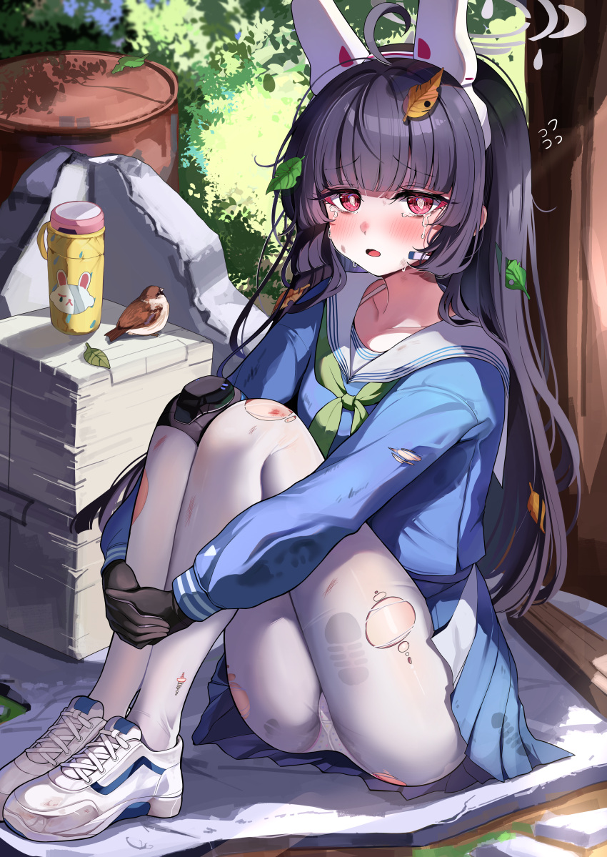 1girl absurdres animal bird black_gloves black_hair blue_archive blue_skirt blunt_bangs blush crying crying_with_eyes_open day full_body gloves green_neckerchief grey_halo halo highres leaf leaf_on_head long_hair long_sleeves looking_at_viewer miyu_(blue_archive) neckerchief open_mouth outdoors pantyhose pleated_skirt red_eyes sailor_collar sak_(lemondisk) shoes skirt sneakers solo sparrow tears torn_clothes torn_pantyhose two-tone_skirt white_footwear white_pantyhose white_sailor_collar