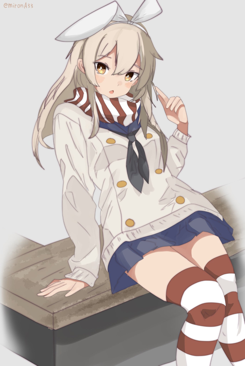 1girl adapted_costume bench black_neckerchief blonde_hair blue_sailor_collar blue_skirt brown_eyes cardigan commentary_request grey_background hairband highres kantai_collection long_hair looking_at_viewer microskirt miniskirt miron_(mirona33) neckerchief pleated_skirt sailor_collar scarf shimakaze_(kancolle) simple_background sitting skirt solo striped striped_scarf striped_thighhighs thighhighs white_cardigan white_hairband