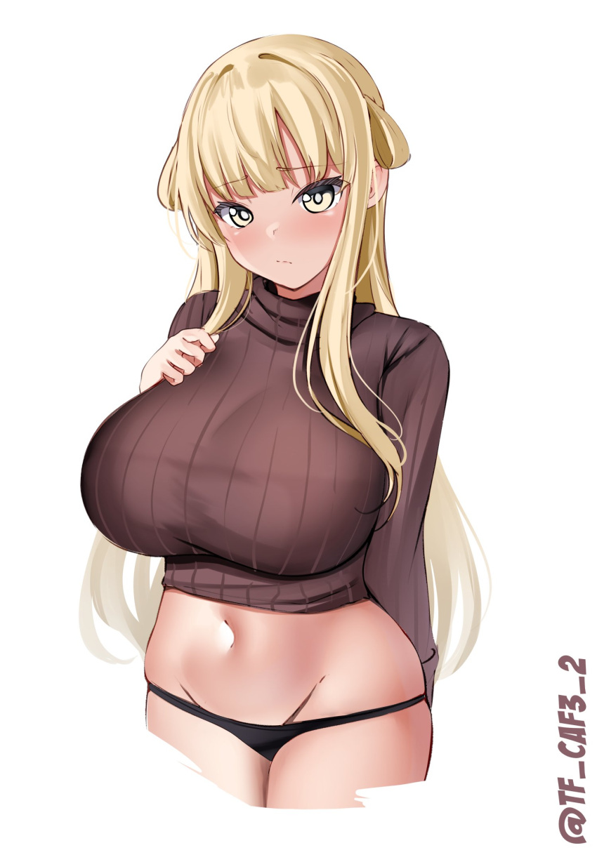 1girl blonde_hair blush breasts brown_sweater closed_mouth commentary_request cowboy_shot fletcher_(kancolle) hair_flaps hand_on_own_chest highres kantai_collection large_breasts long_hair looking_at_viewer midriff navel one-hour_drawing_challenge simple_background solo sweater tf_cafe twitter_username white_background yellow_eyes