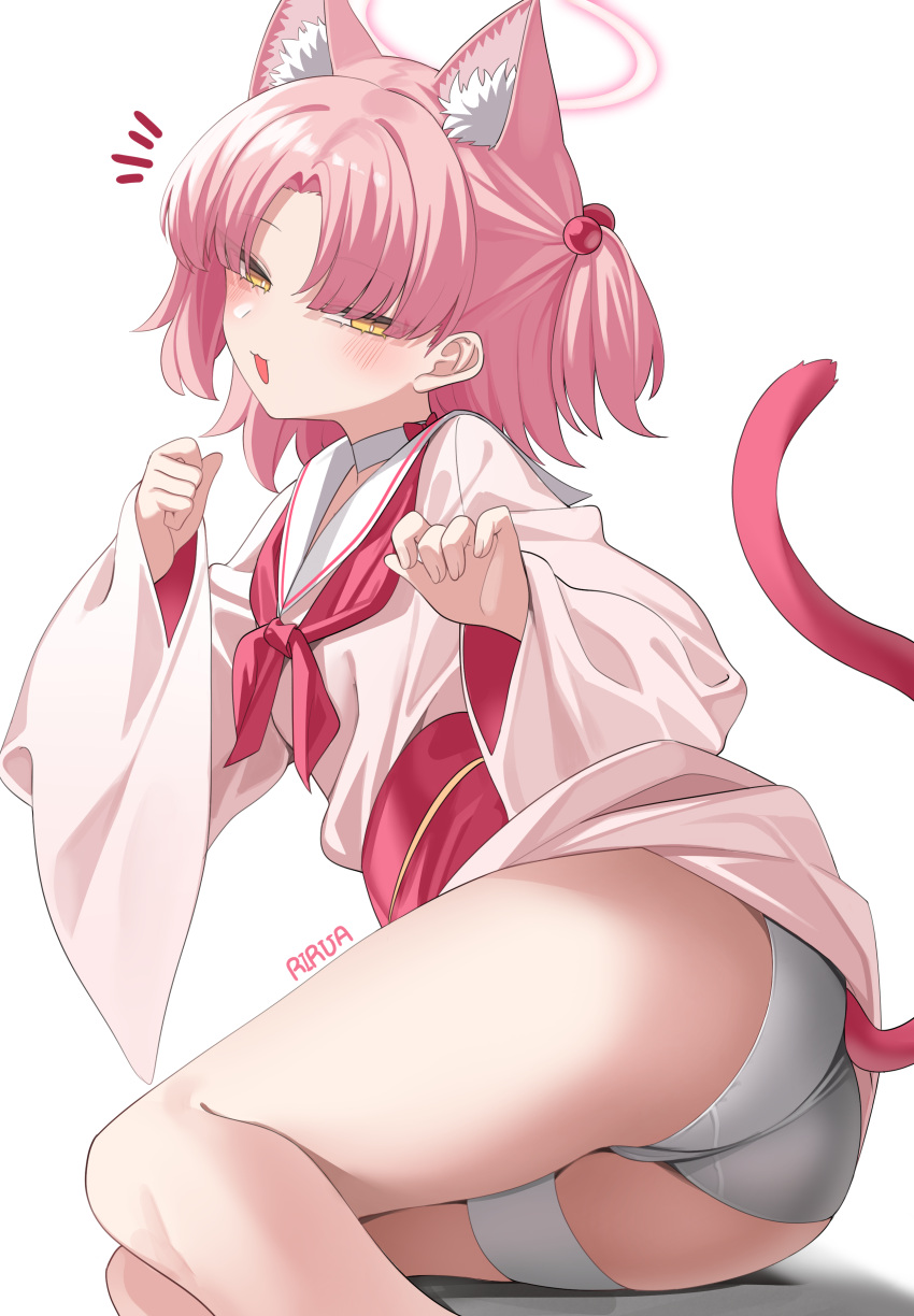 1girl absurdres animal_ear_fluff animal_ears ass blue_archive blush cat_ears cat_tail chlorella_observation_club_member_(blue_archive) choker feet_out_of_frame fingernails grey_panties halo highres lira looking_at_viewer neckerchief obi open_mouth panties pink_hair pink_halo red_neckerchief sailor_collar sash short_hair simple_background solo tail two_side_up underwear white_background white_choker white_sailor_collar yellow_eyes