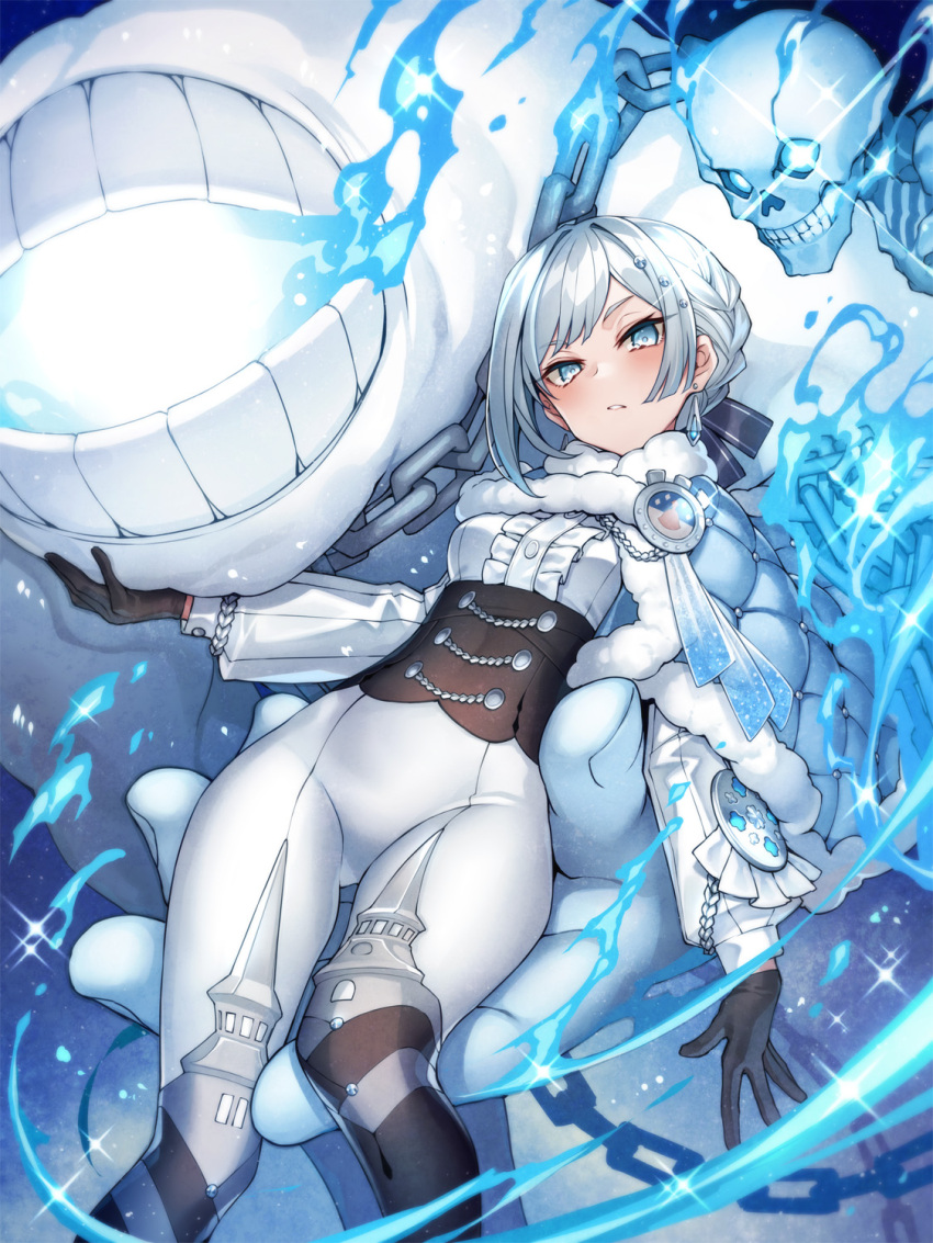 1girl akershus_fortress_(oshiro_project) badge black_gloves blue_cape blue_cloak blue_eyes bodysuit bone braid breasts cape center_frills chain cloak closed_mouth corset fluff frills fur-trimmed_cape fur-trimmed_cloak fur_trim gloves grey_hair hair_ornament highres kodama_yuu long_sleeves looking_at_viewer monster oshiro_project oshiro_project_re padded_cloak pants puffy_long_sleeves puffy_sleeves short_hair skeleton thighs tight_clothes tight_pants white_bodysuit