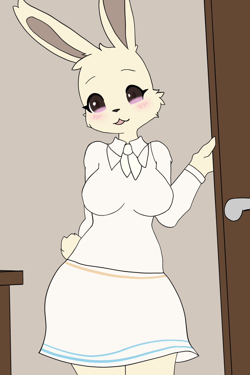 absurd_res anthro beastars bottomwear brown_eyes clothing female fur hand_on_door haru_(beastars) hi_res hikaridraws lagomorph leporid mammal rabbit shirt skirt solo tan_body tan_fur topwear white_bottomwear white_clothing white_shirt white_skirt white_topwear