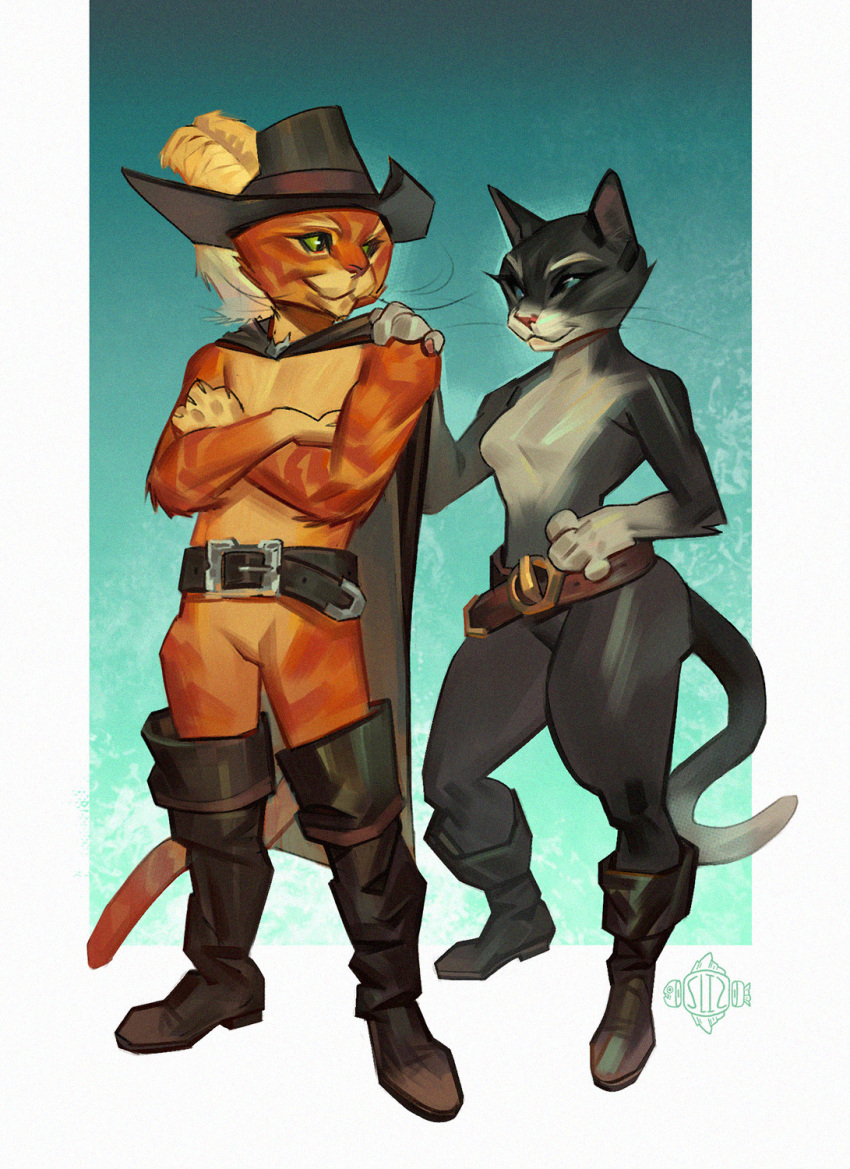 anthro blue_eyes clothed clothing domestic_cat dreamworks duo eye_contact felid feline felis female green_eyes happy hi_res kitty_softpaws looking_at_another male male/female mammal partially_clothed prick_ears puss_in_boots_(character) puss_in_boots_(dreamworks) selezneva signature simple_background smile standing tabby_cat tuxedo_cat