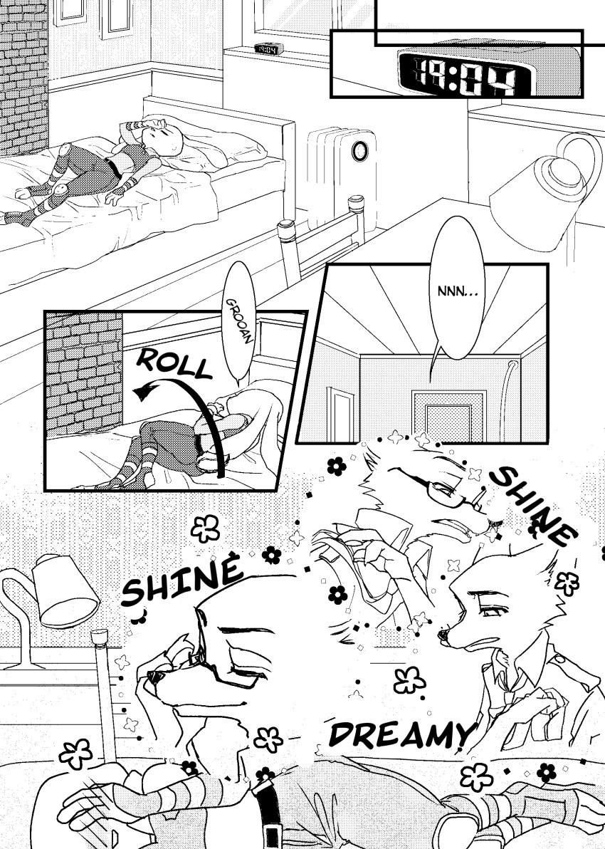 absurd_res anthro atlantica0208 bed bedroom black_and_white blush canid canine clothing comic daydream disney dream duo ears_down eyewear female fox furniture glasses hard_translated hi_res judy_hopps lagomorph leporid lying male mammal monochrome necktie nick_wilde on_back pivoted_ears police_uniform rabbit smug text translated uniform zootopia