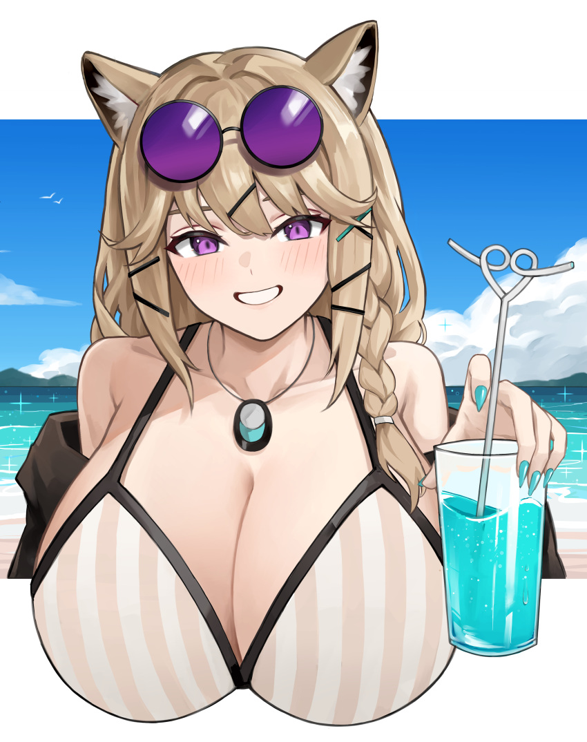 1girl absurdres animal_ears arknights bikini blonde_hair blue_sky braid breasts cleavage cloud commentary_request cup day drinking_glass drinking_straw highres holding holding_cup huge_breasts jewelry long_hair ocean pendant purple_eyes rain_(rain8649) single_braid sky solo striped striped_bikini swimsuit utage_(arknights) utage_(summer_flowers)_(arknights) vertical-striped_bikini vertical_stripes water