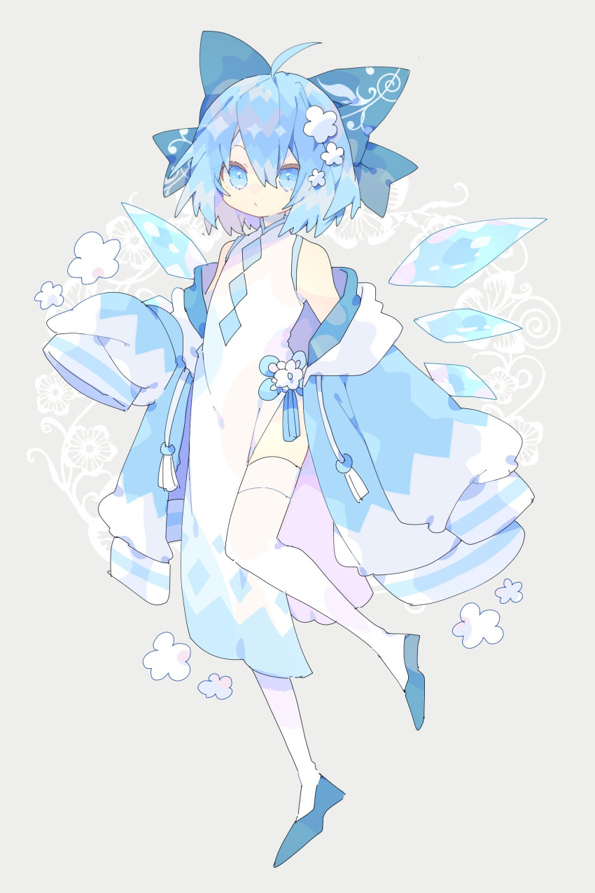 1girl absurdres ahoge alternate_costume bare_shoulders blue_bow blue_coat blue_eyes blue_footwear blue_hair bow china_dress chinese_clothes cirno closed_mouth coat commentary dress flower full_body hair_bow highres ice ice_wings long_sleeves looking_at_viewer nikorashi-ka off_shoulder puffy_sleeves shoes short_hair sleeveless sleeveless_dress solo symbol-only_commentary thighhighs touhou white_dress white_flower white_thighhighs wings