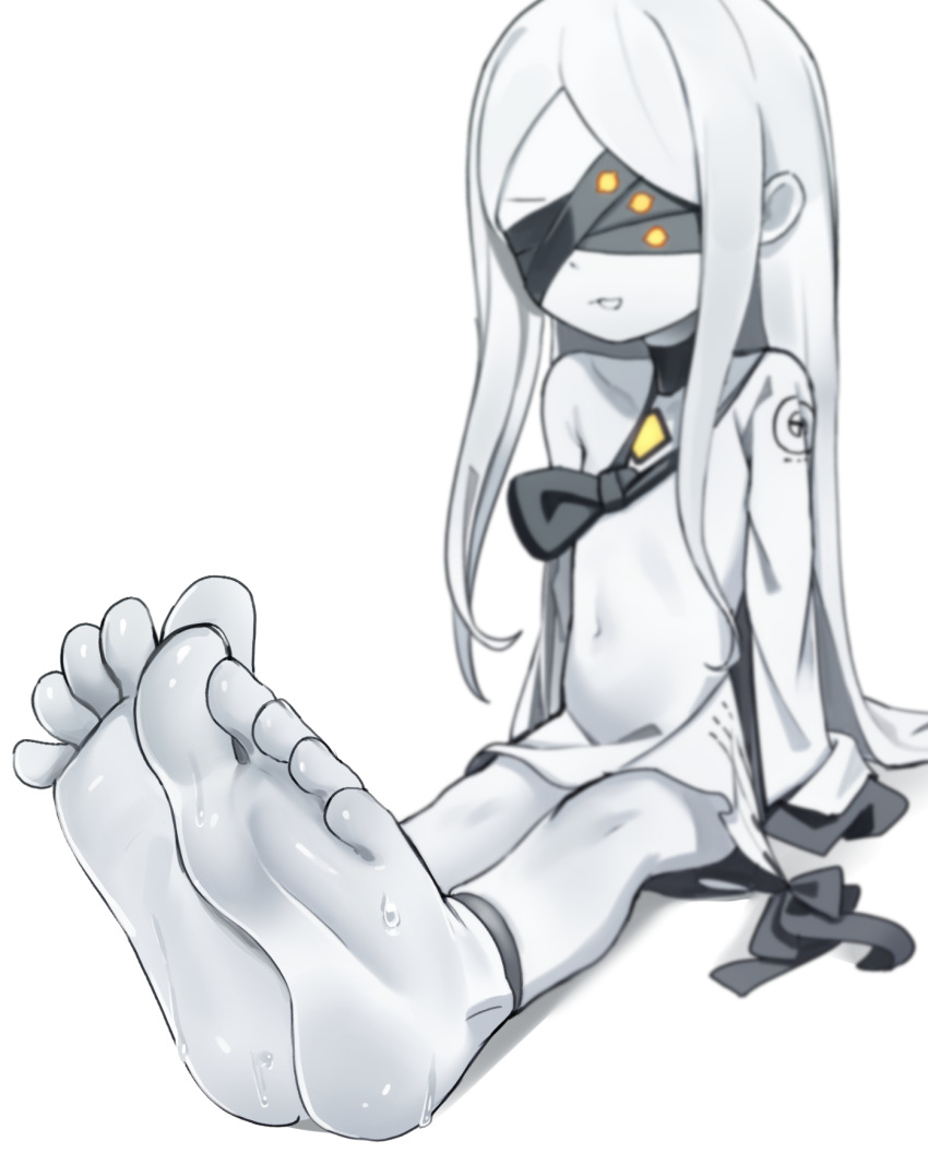 1girl ankle_strap barefoot blindfold blue_archive blurry blurry_background character_request colored_skin covered_eyes feet foot_focus full_body grey_hair grey_skin highres long_hair simple_background single_bare_shoulder sitting soles solo toes very_long_hair white_background whonyang