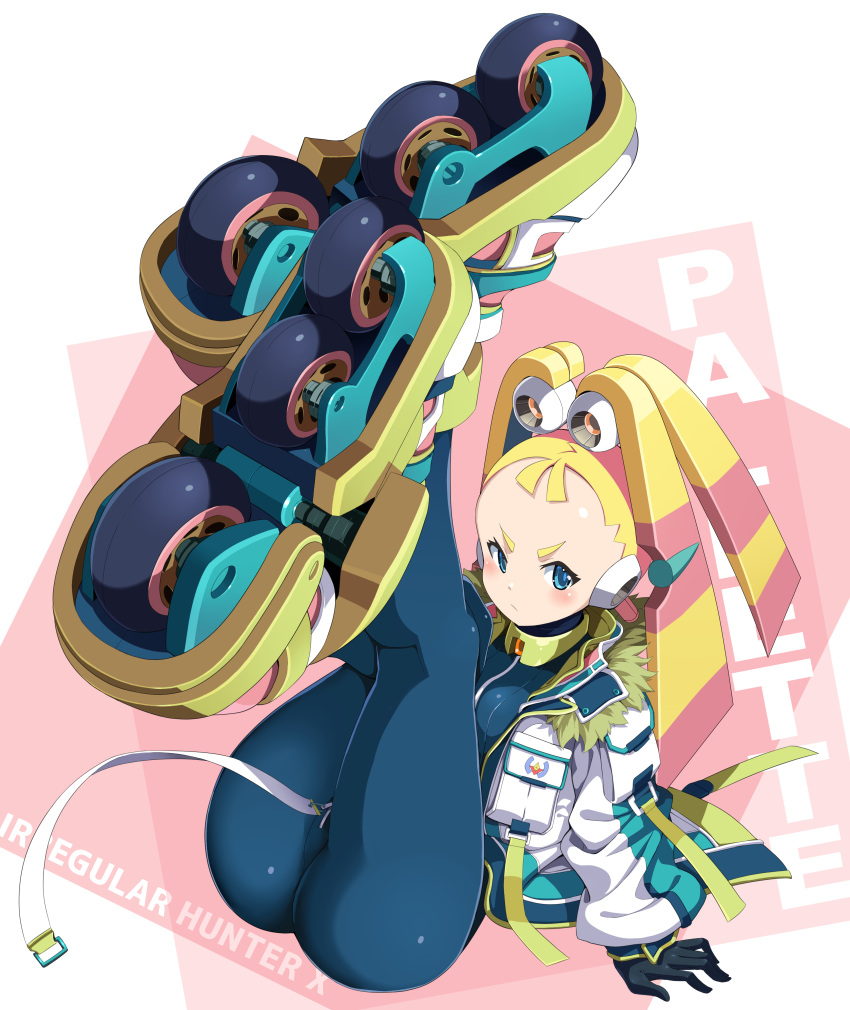 1girl absurdres android aqua_bodysuit arm_support ass black_gloves blonde_hair blue_eyes bodysuit breasts closed_mouth commentary_request frown full_body fur-trimmed_jacket fur_trim gloves highres inline_skates jacket legs_up long_hair long_sleeves looking_at_viewer mega_man_(series) mega_man_x_(series) open_clothes open_shirt pallette_(mega_man) robot_ears roller_skates sitting skates small_breasts solo twintails white_jacket zelitto
