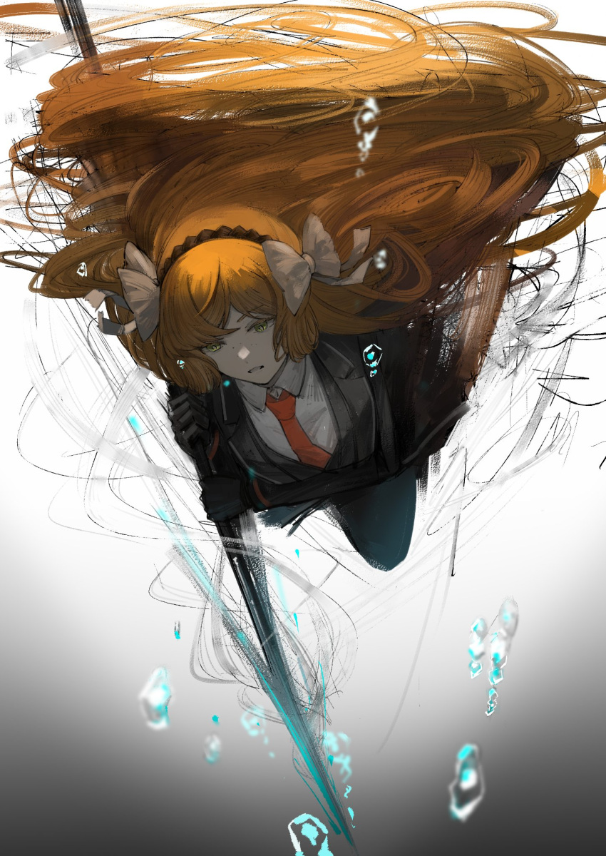 1girl air_bubble black_coat black_pants black_vest bow brown_hairband bubble coat collared_shirt hair_bow hairband harpoon highres ishmael_(project_moon) limbus_company long_hair long_sleeves necktie orange_hair pants project_moon red_necktie s661479361148 shirt solo underwater very_long_hair vest white_bow white_shirt
