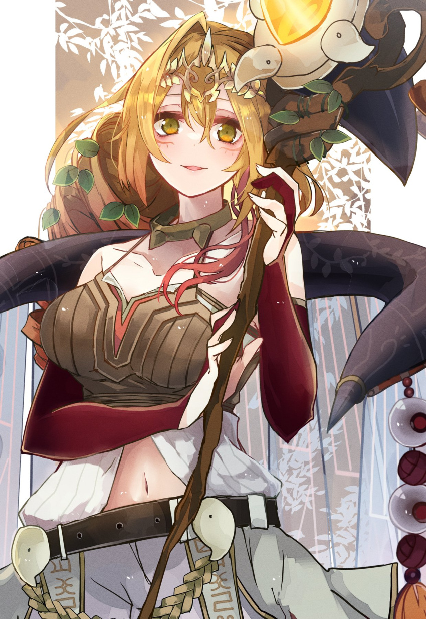 1girl bare_shoulders belt breasts bridal_gauntlets cleavage collarbone crop_top duel_monster elbow_gloves gloves green_eyes hair_ornament highres holding holding_staff large_breasts long_hair navel parted_lips partially_fingerless_gloves pleated_skirt ponytail skirt solo spiritual_beast_tamer_lara staff surphase tiara yu-gi-oh!